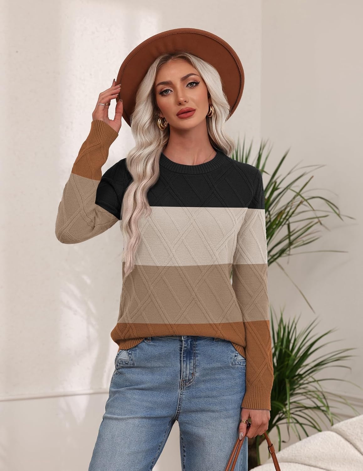 image:imageZeagoo Womens Cable Knit Sweaters Fall Winter Long Sleeve Crewneck TopsColorblockbrown