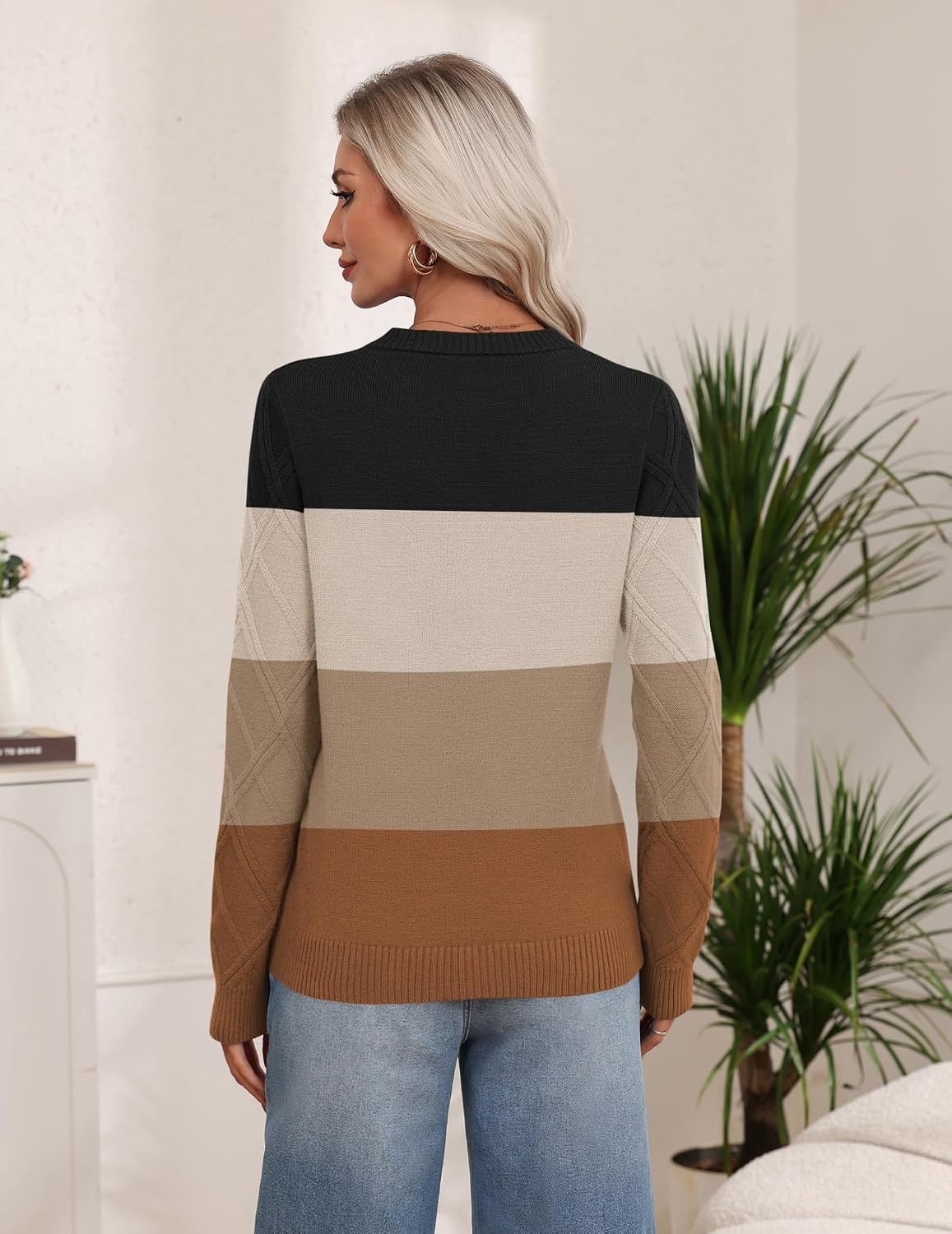 image:imageZeagoo Womens Cable Knit Sweaters Fall Winter Long Sleeve Crewneck TopsColorblockbrown