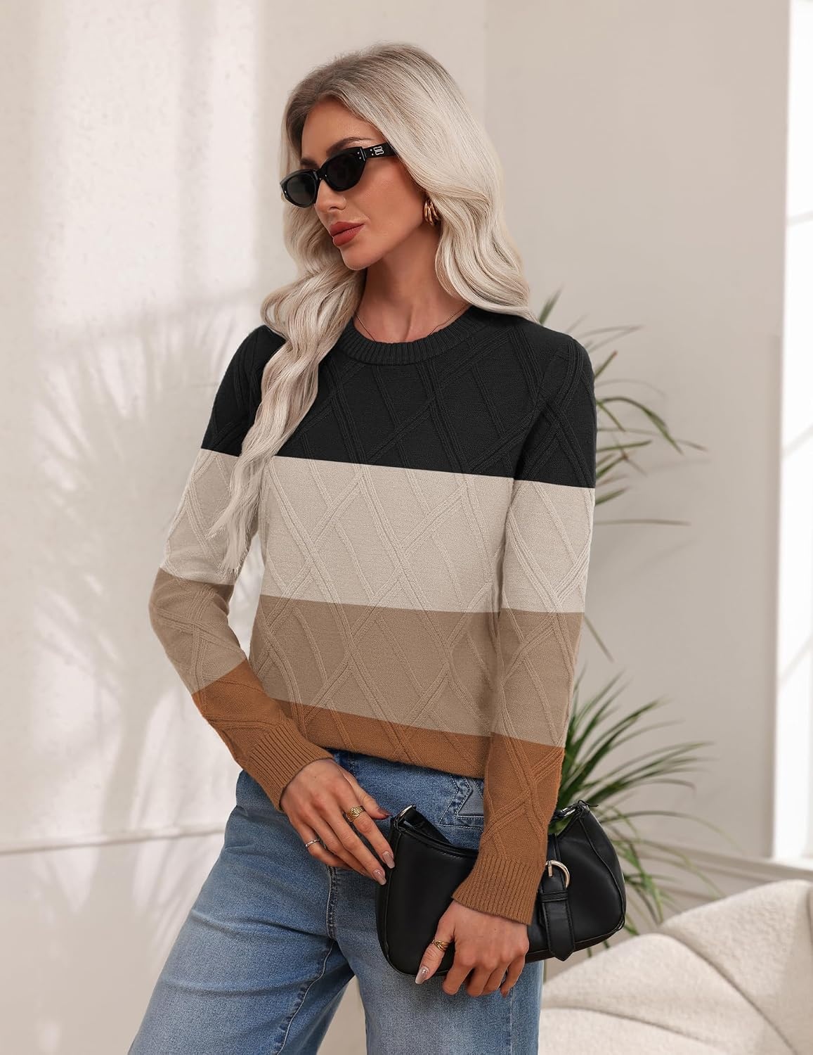 image:imageZeagoo Womens Cable Knit Sweaters Fall Winter Long Sleeve Crewneck TopsColorblockbrown