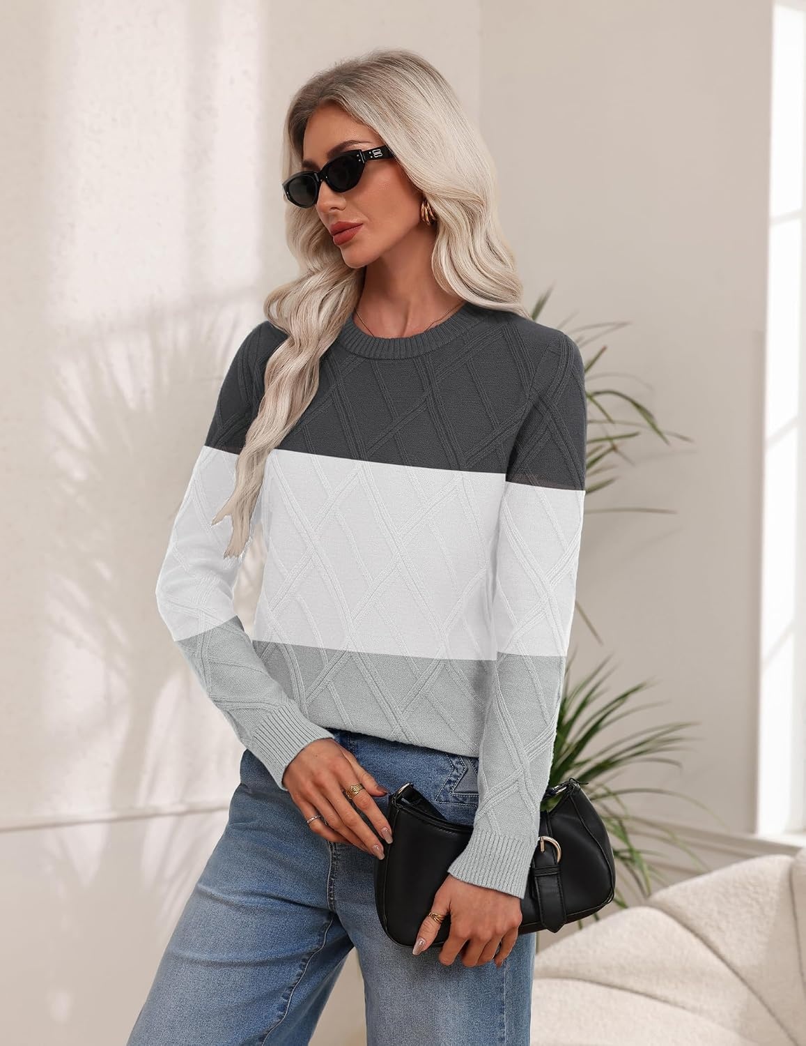 image:imageZeagoo Womens Cable Knit Sweaters Fall Winter Long Sleeve Crewneck TopsColorblockgrey