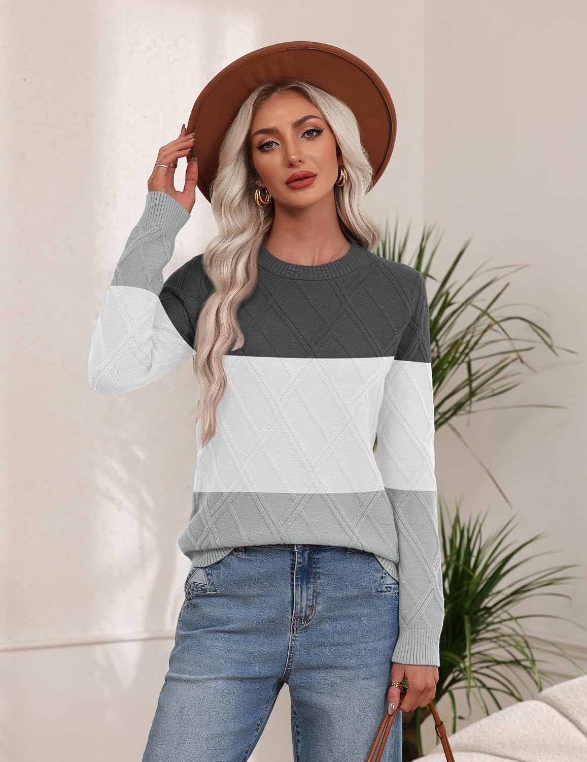 image:imageZeagoo Womens Cable Knit Sweaters Fall Winter Long Sleeve Crewneck TopsColorblockgrey