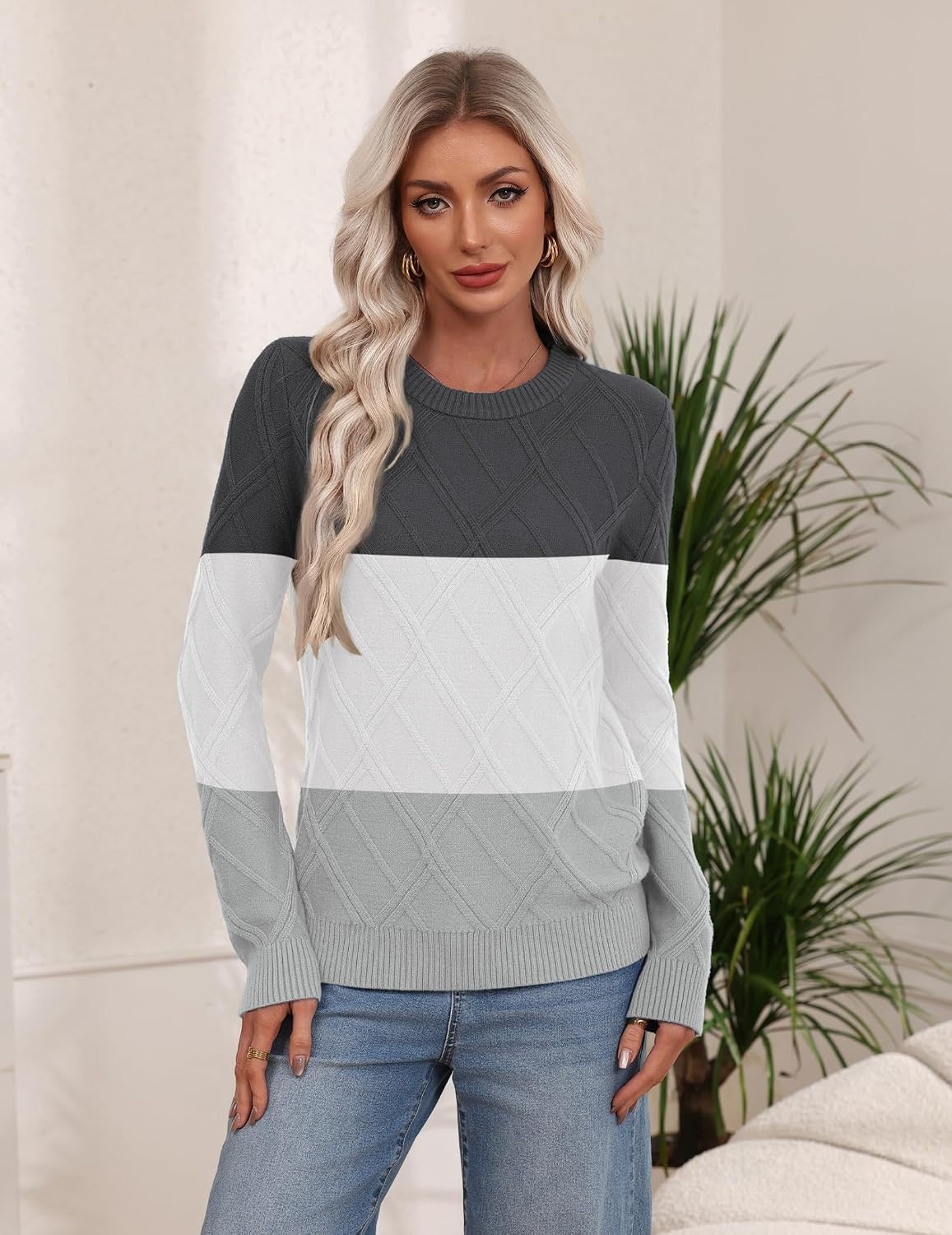 image:imageZeagoo Womens Cable Knit Sweaters Fall Winter Long Sleeve Crewneck TopsColorblockgrey