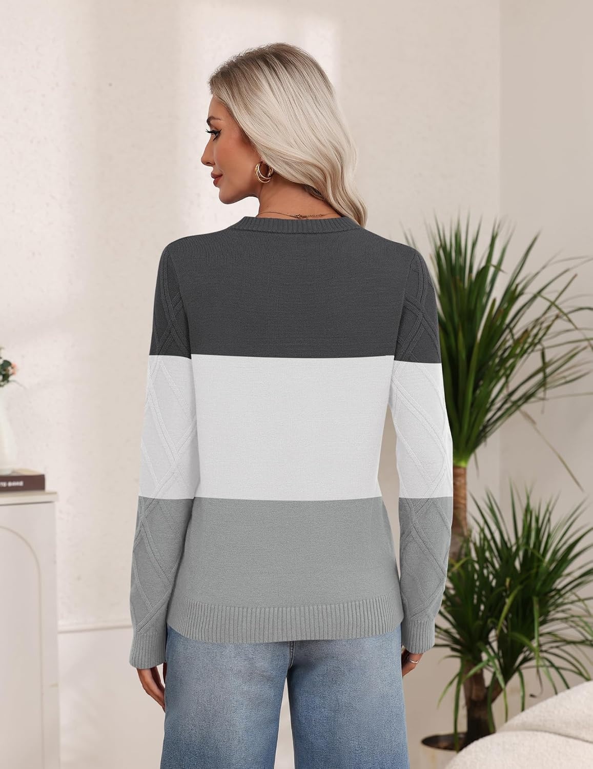 image:imageZeagoo Womens Cable Knit Sweaters Fall Winter Long Sleeve Crewneck TopsColorblockgrey