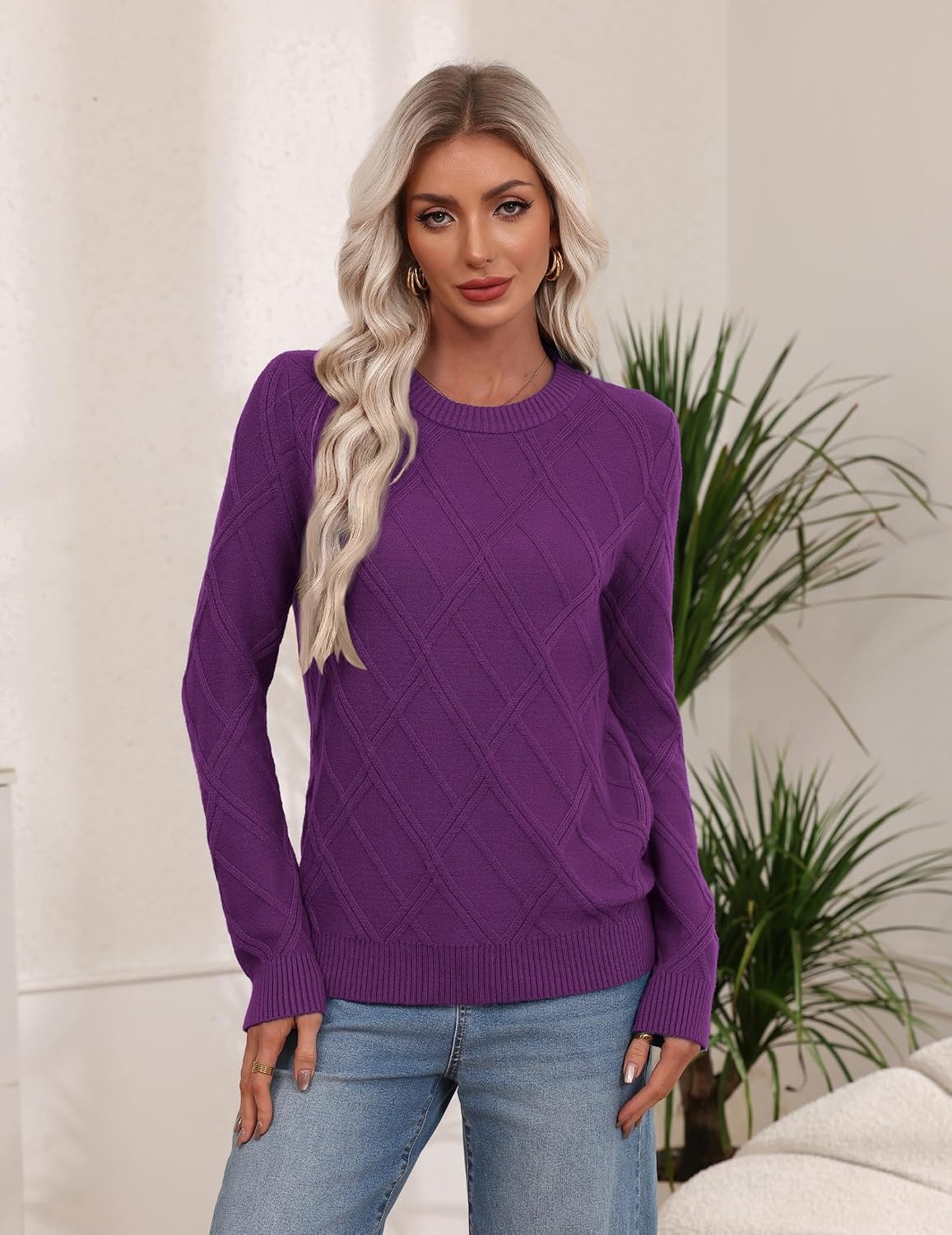 image:imageZeagoo Womens Cable Knit Sweaters Fall Winter Long Sleeve Crewneck TopsDark Purple