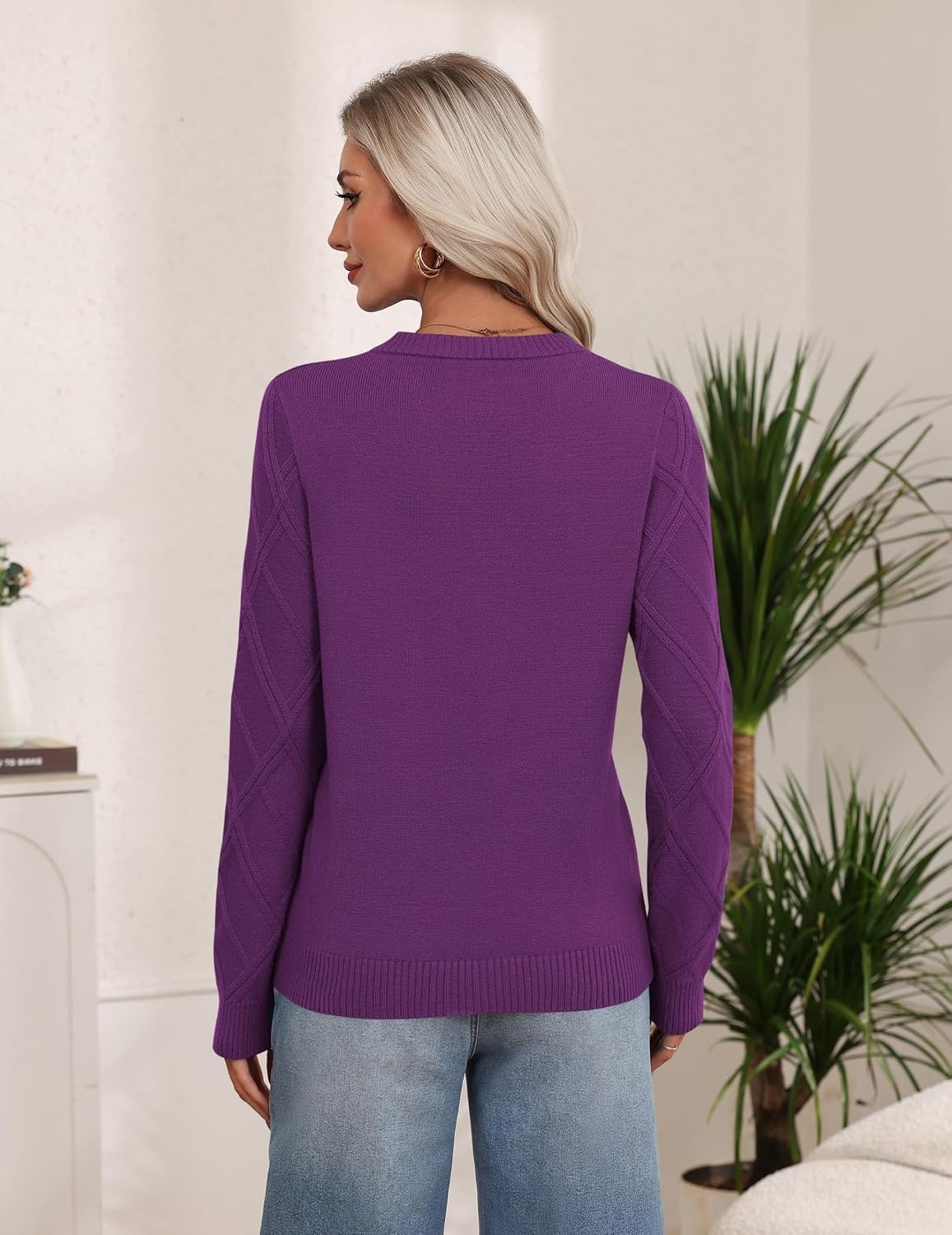 image:imageZeagoo Womens Cable Knit Sweaters Fall Winter Long Sleeve Crewneck TopsDark Purple