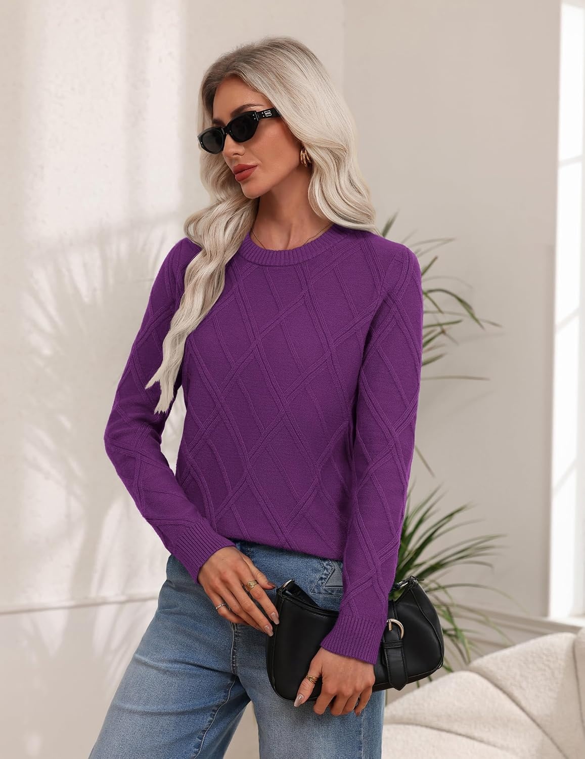 image:imageZeagoo Womens Cable Knit Sweaters Fall Winter Long Sleeve Crewneck TopsDark Purple