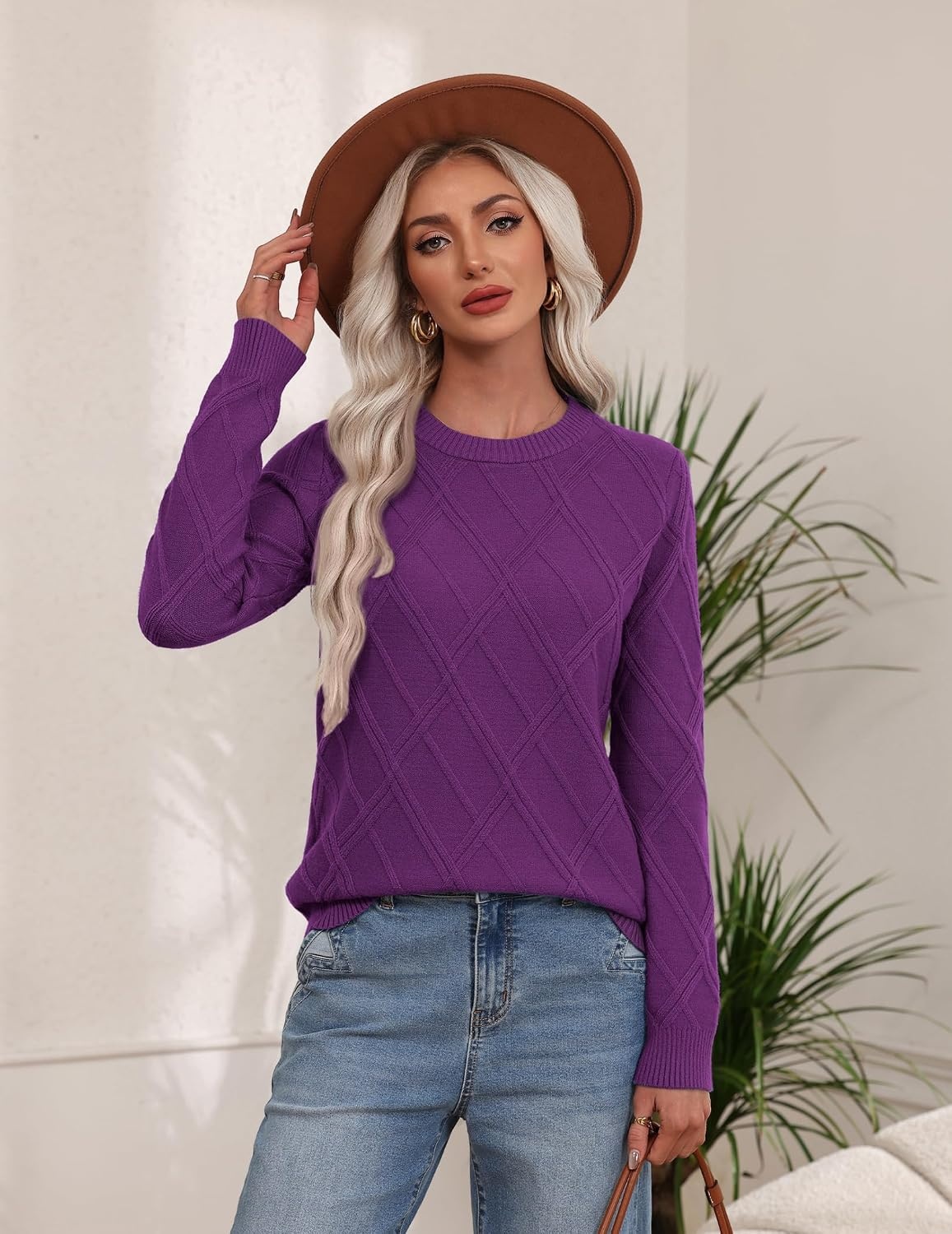 image:imageZeagoo Womens Cable Knit Sweaters Fall Winter Long Sleeve Crewneck TopsDark Purple