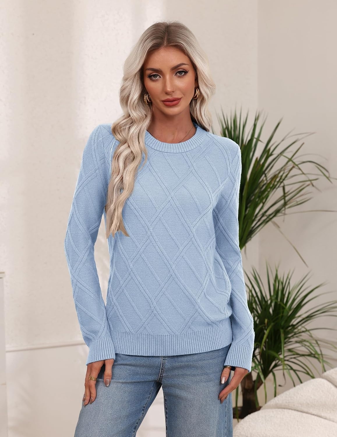 image:imageZeagoo Womens Cable Knit Sweaters Fall Winter Long Sleeve Crewneck TopsLight Blue