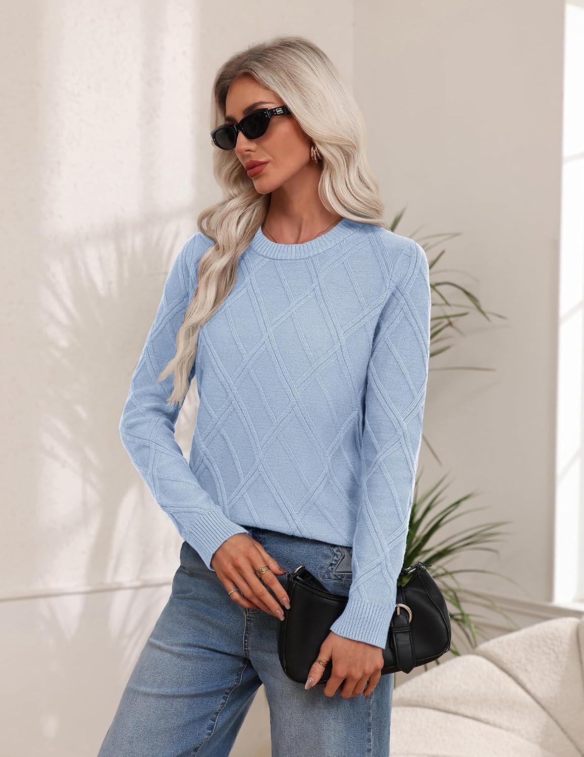 image:imageZeagoo Womens Cable Knit Sweaters Fall Winter Long Sleeve Crewneck TopsLight Blue