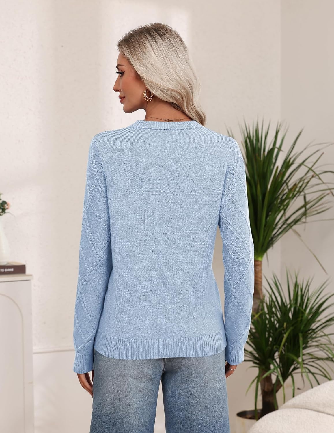 image:imageZeagoo Womens Cable Knit Sweaters Fall Winter Long Sleeve Crewneck TopsLight Blue