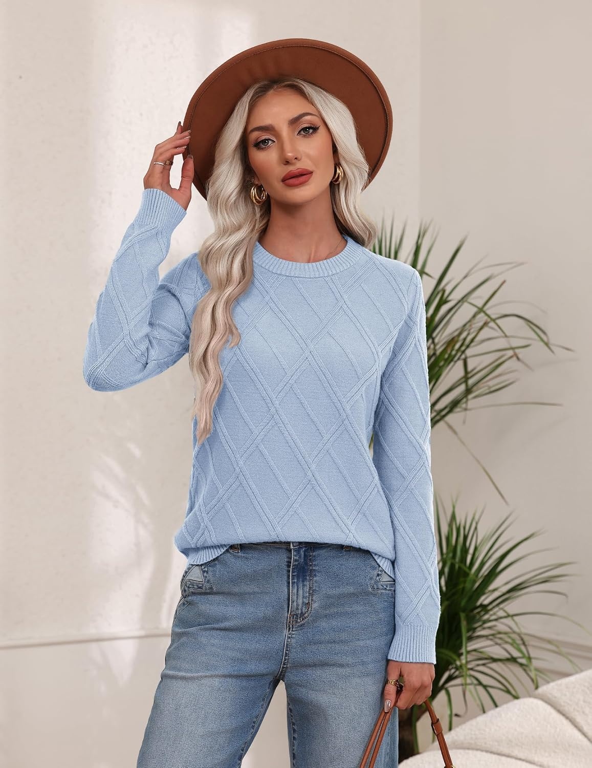 image:imageZeagoo Womens Cable Knit Sweaters Fall Winter Long Sleeve Crewneck TopsLight Blue