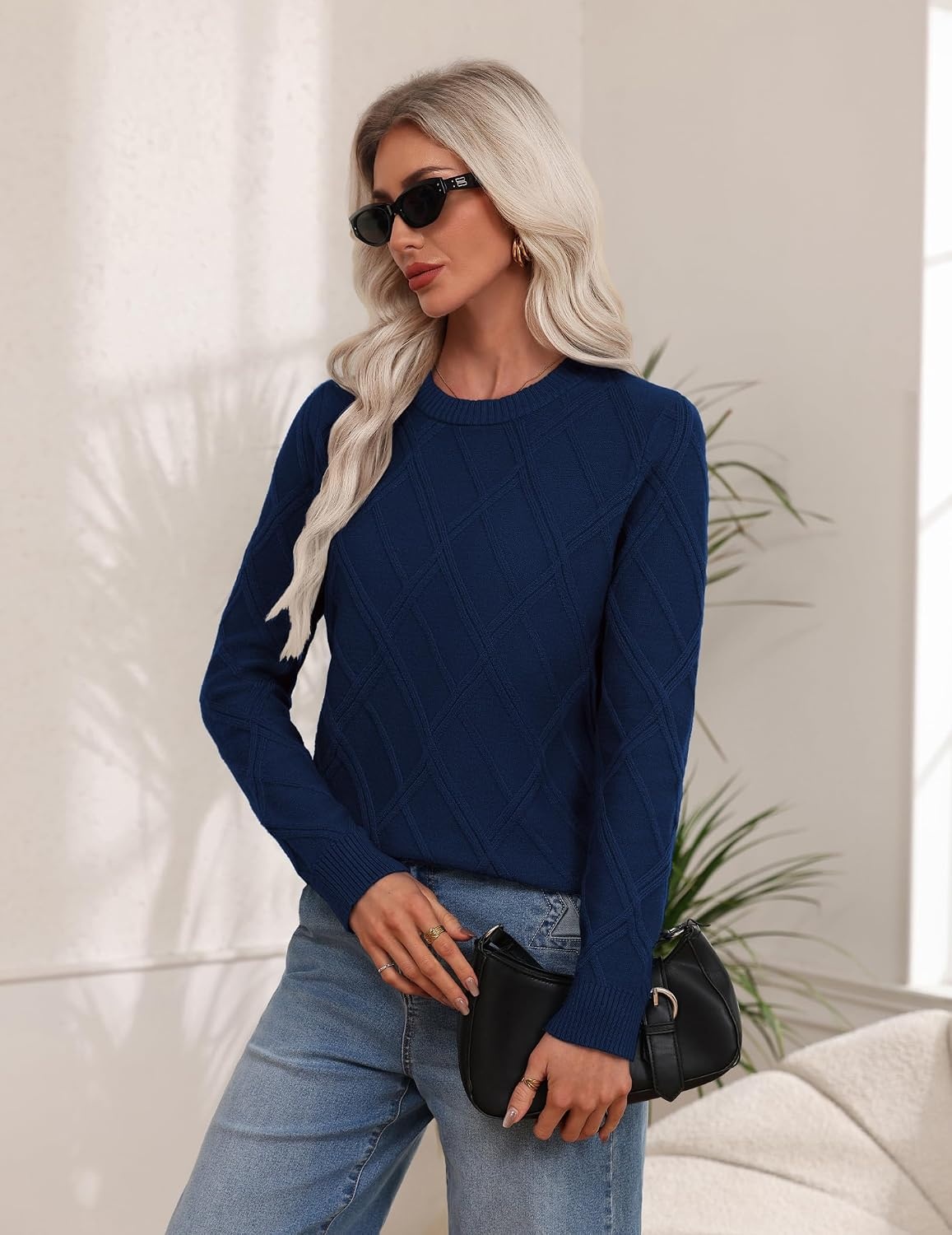 image:imageZeagoo Womens Cable Knit Sweaters Fall Winter Long Sleeve Crewneck TopsNavy Blue