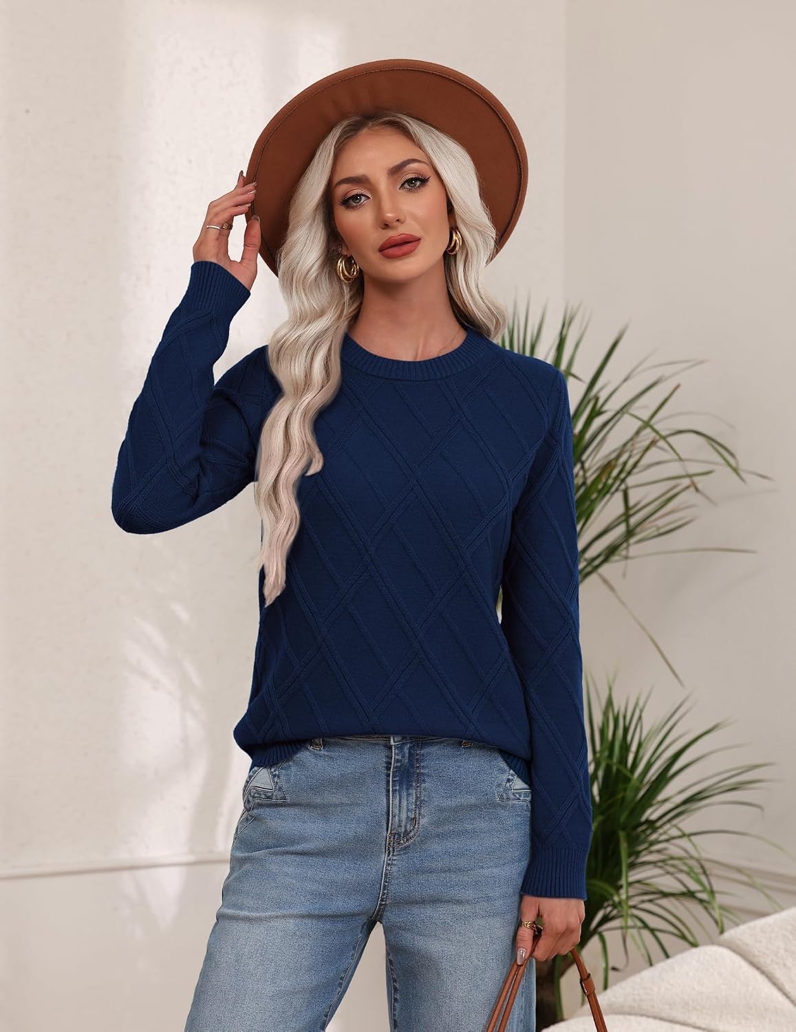 image:imageZeagoo Womens Cable Knit Sweaters Fall Winter Long Sleeve Crewneck TopsNavy Blue
