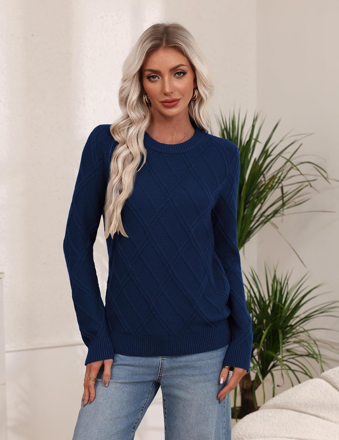 image:imageZeagoo Womens Cable Knit Sweaters Fall Winter Long Sleeve Crewneck TopsNavy Blue