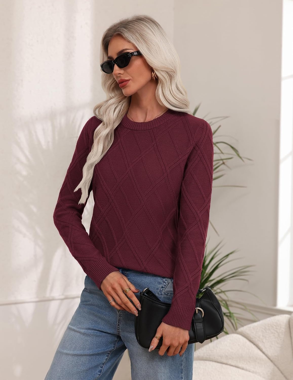 image:imageZeagoo Womens Cable Knit Sweaters Fall Winter Long Sleeve Crewneck TopsWine Red