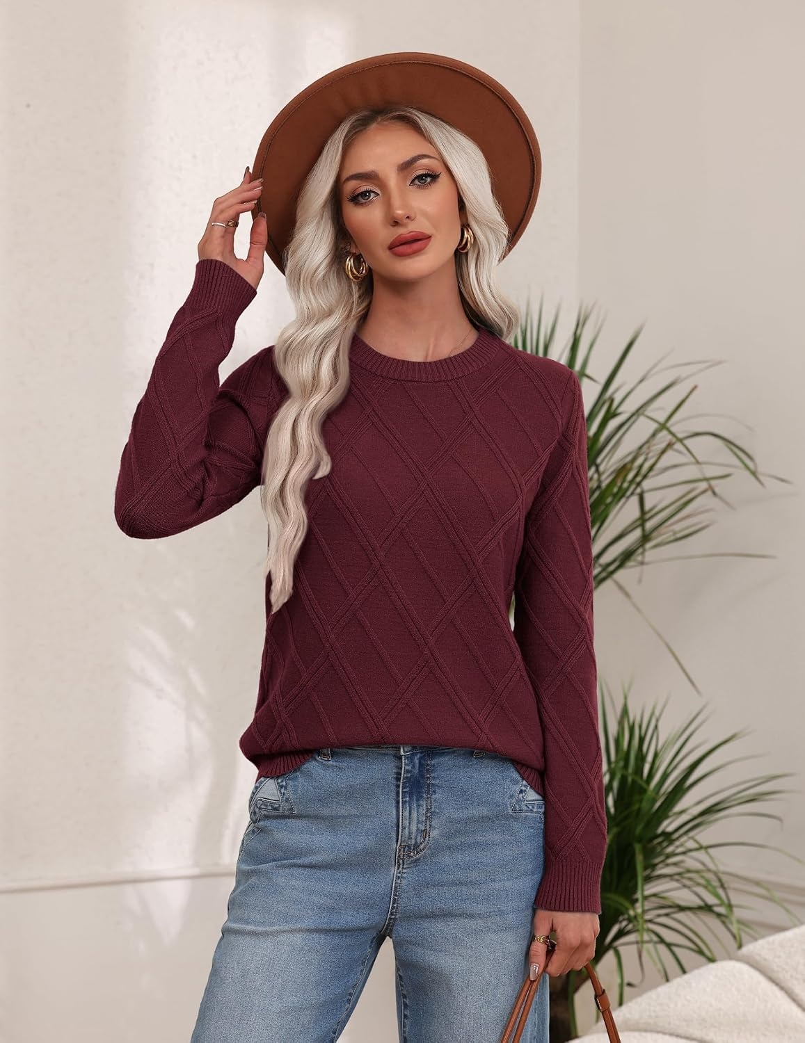 image:imageZeagoo Womens Cable Knit Sweaters Fall Winter Long Sleeve Crewneck TopsWine Red