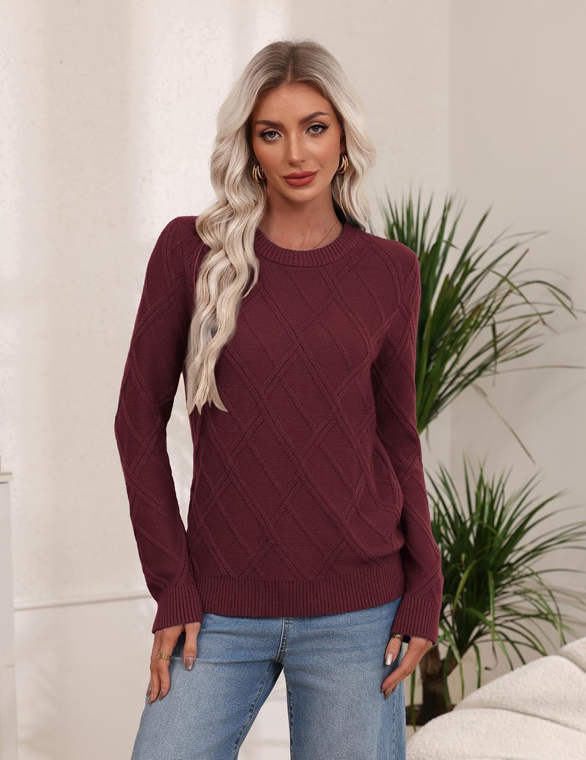 image:imageZeagoo Womens Cable Knit Sweaters Fall Winter Long Sleeve Crewneck TopsWine Red