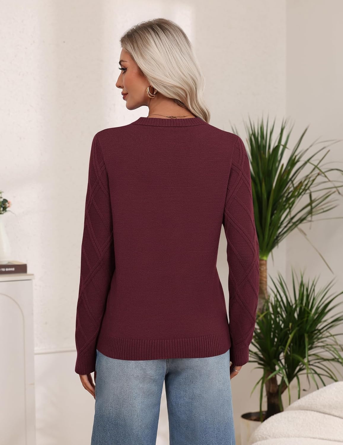 image:imageZeagoo Womens Cable Knit Sweaters Fall Winter Long Sleeve Crewneck TopsWine Red