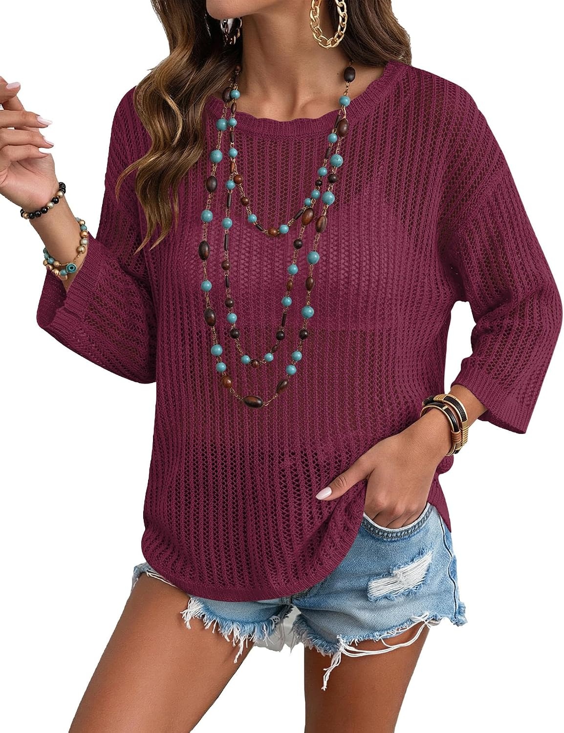 image:imageZeagoo Womens Crochet Tops 34 Sleeve Summer Sweaters Hollow Out Knit TopsBurgundy