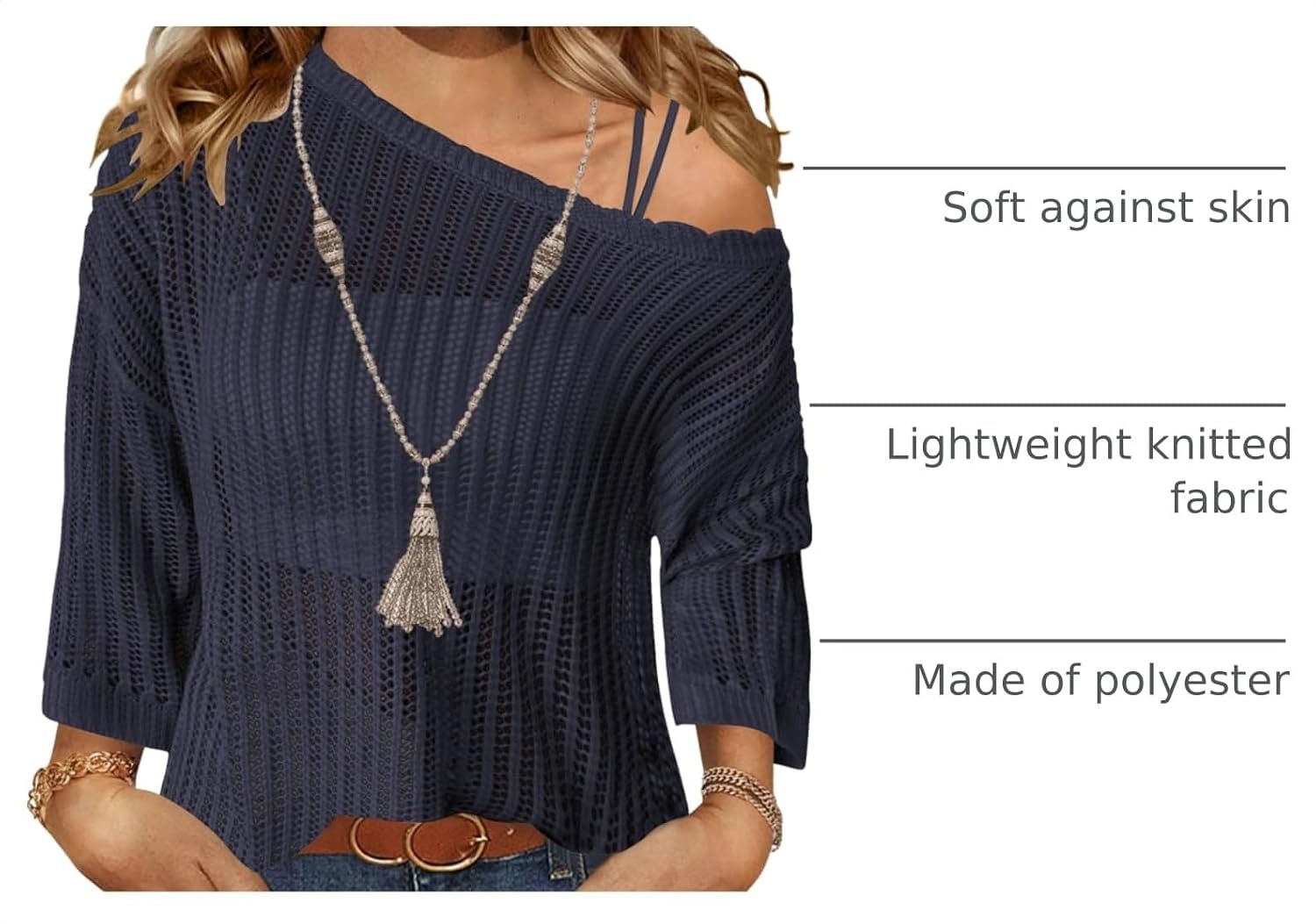 image:imageZeagoo Womens Crochet Tops 34 Sleeve Summer Sweaters Hollow Out Knit TopsDeep Blue