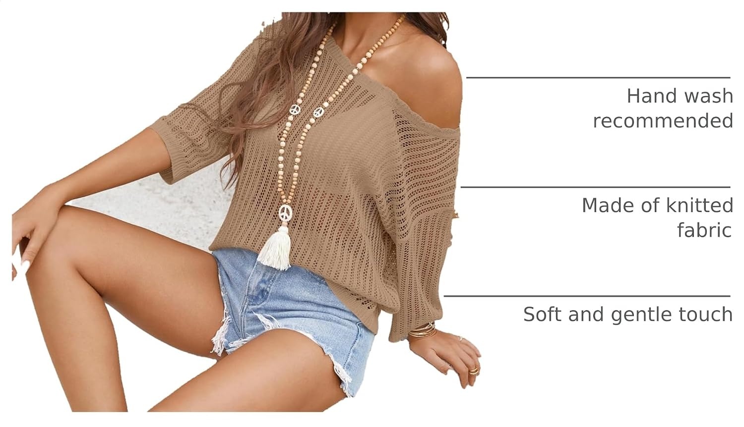 image:imageZeagoo Womens Crochet Tops 34 Sleeve Summer Sweaters Hollow Out Knit TopsKhaki