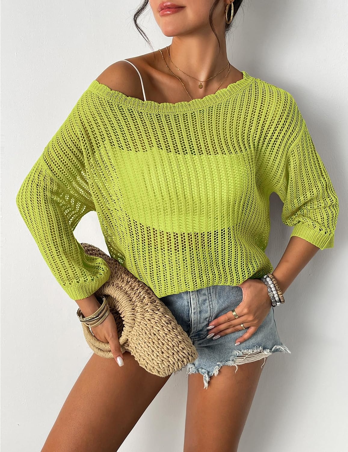 image:imageZeagoo Womens Crochet Tops 34 Sleeve Summer Sweaters Hollow Out Knit TopsLemon