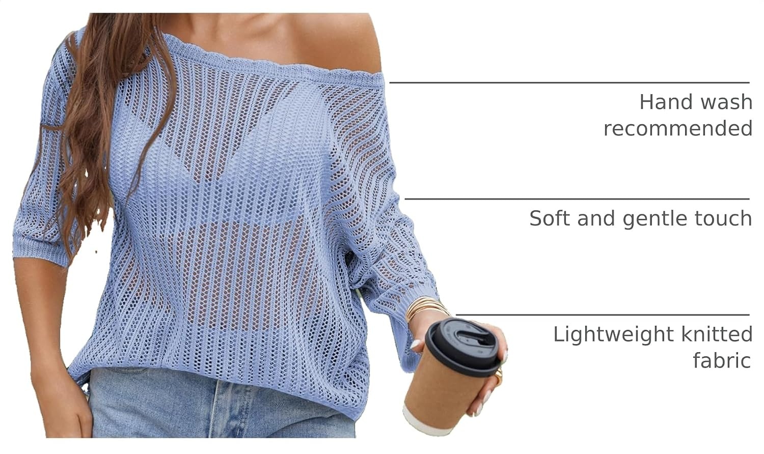 image:imageZeagoo Womens Crochet Tops 34 Sleeve Summer Sweaters Hollow Out Knit TopsLight Blue