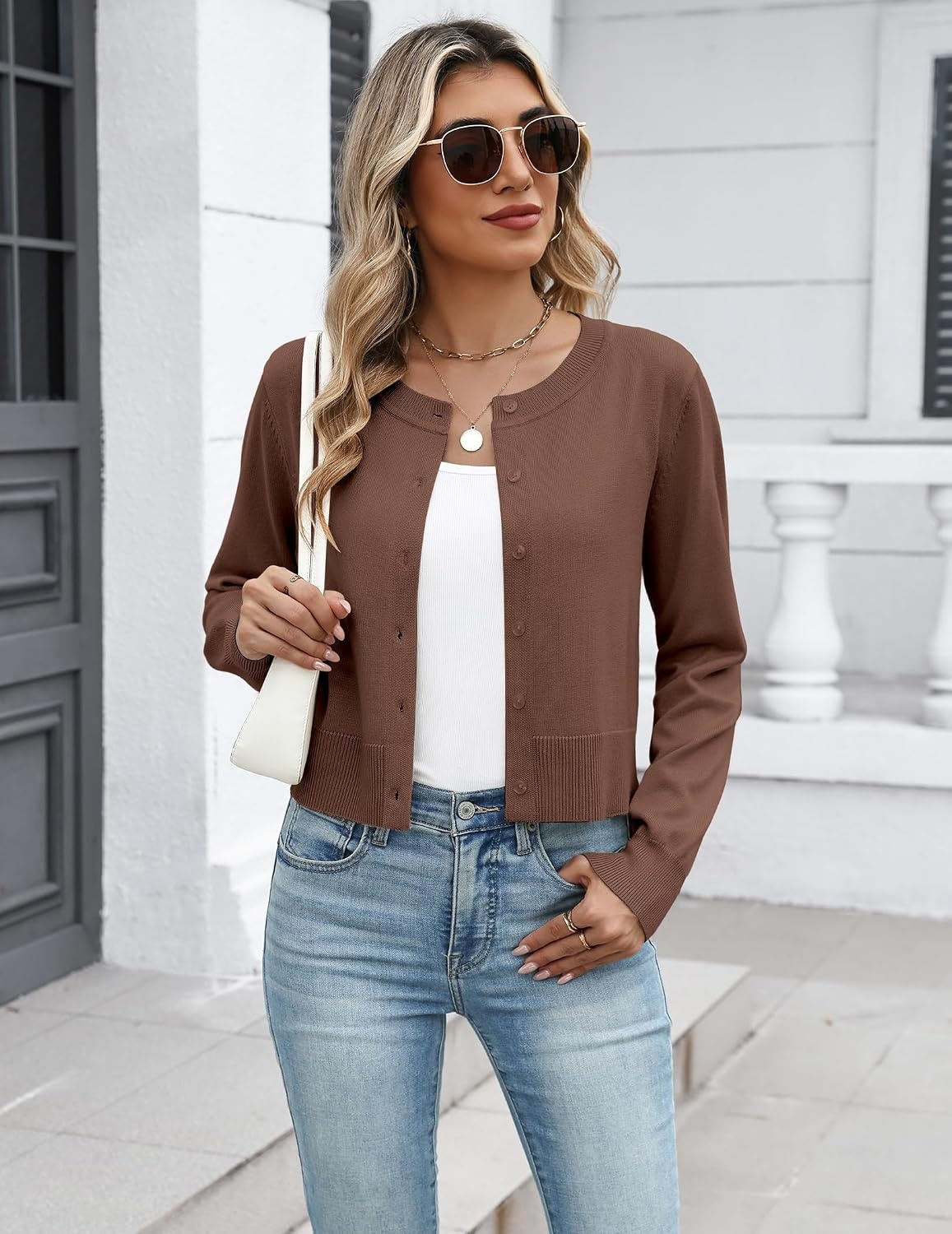 image:imageZeagoo Womens Cropped Cardigan Sweaters Lightweight Bolero Shrug for DressBrown