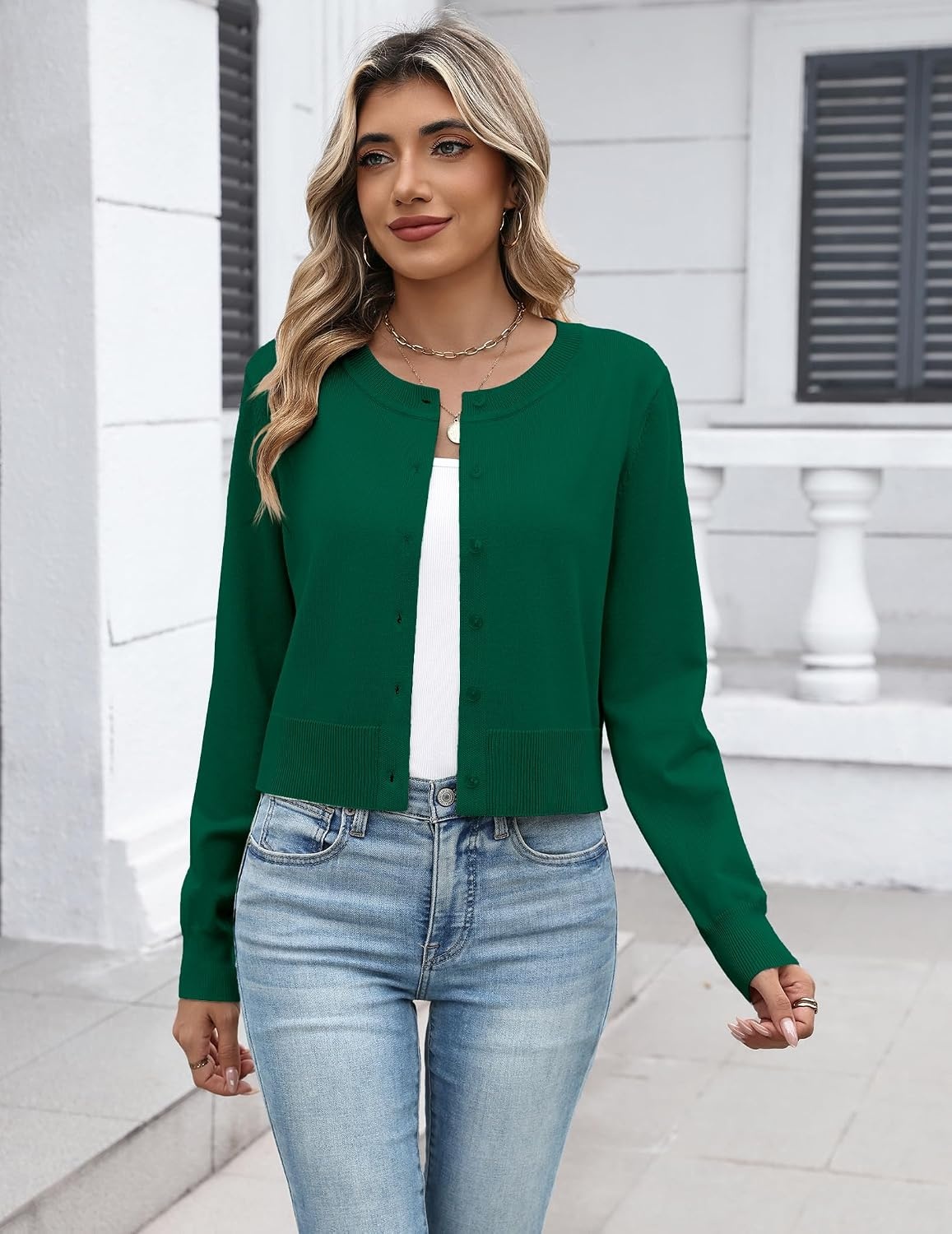 image:imageZeagoo Womens Cropped Cardigan Sweaters Lightweight Bolero Shrug for DressDeep Green