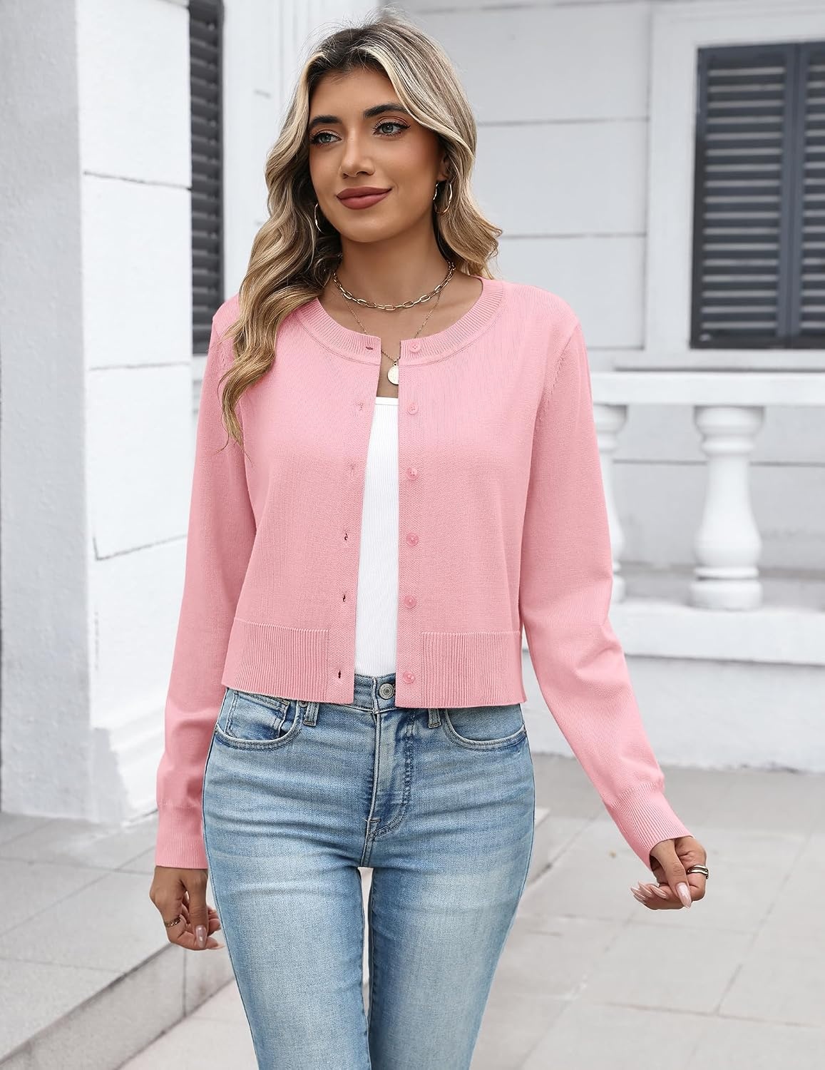image:imageZeagoo Womens Cropped Cardigan Sweaters Lightweight Bolero Shrug for DressPink