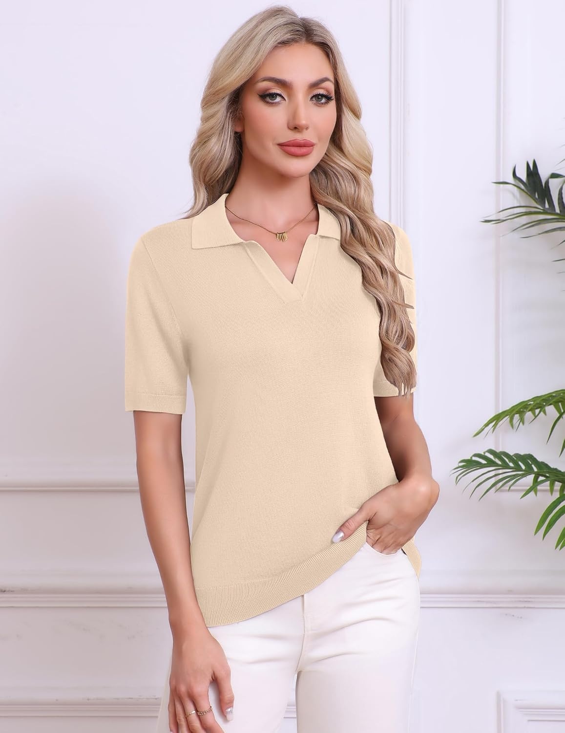 image:imageZeagoo Womens Polo Sweater Short Sleeve V Neck Knitted Business Casual TopsBeige