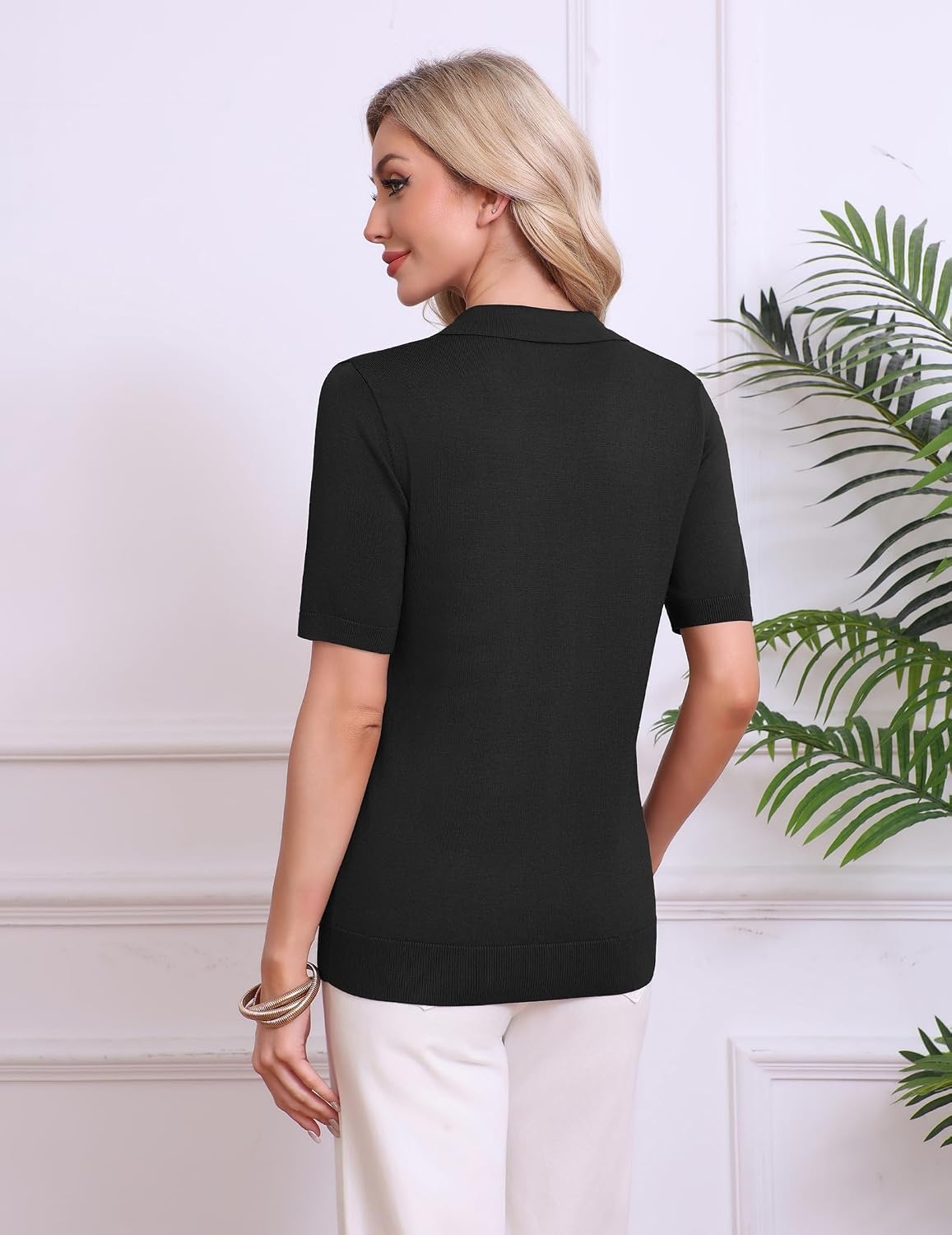 image:imageZeagoo Womens Polo Sweater Short Sleeve V Neck Knitted Business Casual TopsBlack