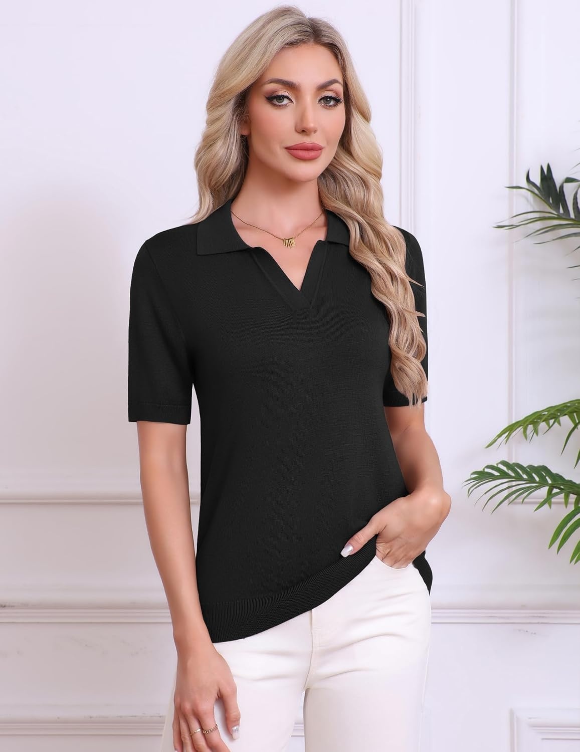 image:imageZeagoo Womens Polo Sweater Short Sleeve V Neck Knitted Business Casual TopsBlack
