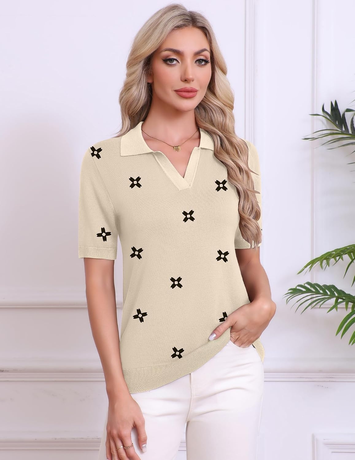 image:imageZeagoo Womens Polo Sweater Short Sleeve V Neck Knitted Business Casual TopsFloral Apricot