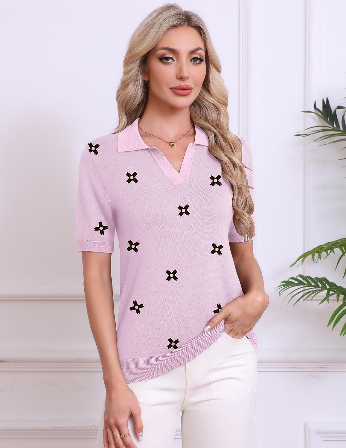 image:imageZeagoo Womens Polo Sweater Short Sleeve V Neck Knitted Business Casual TopsFloral Pink