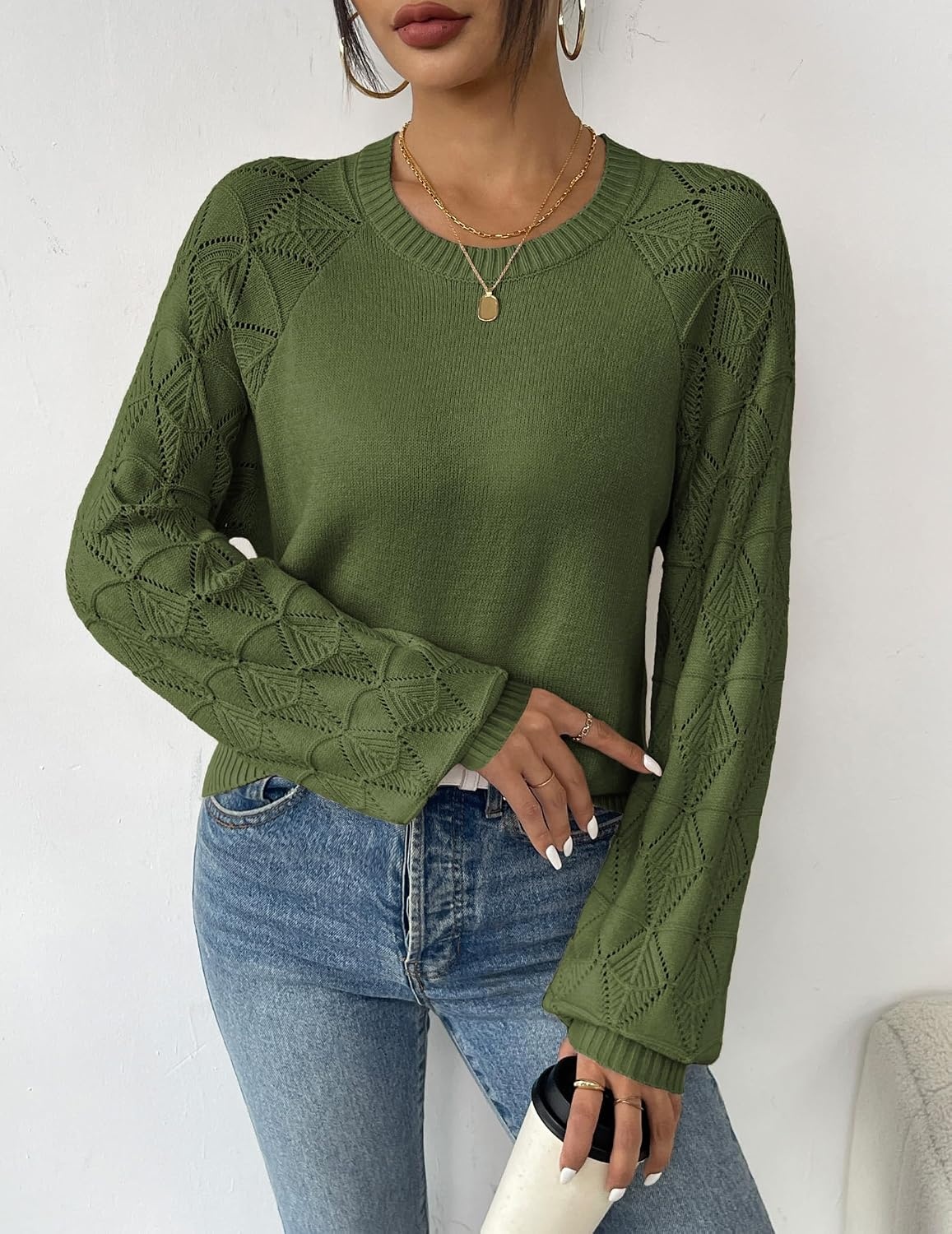 image:imageZeagoo Womens Sweaters 2026 Long Sleeve Crew Neck Lightweight Pullover Knitted Cute Fall Fashion TopsArmy Green