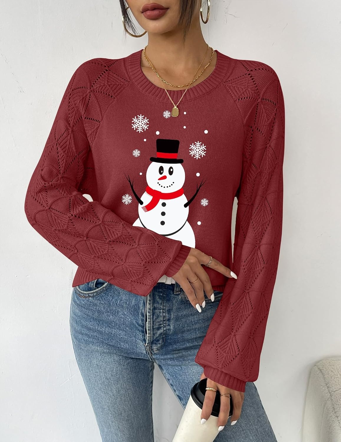 image:imageZeagoo Womens Sweaters 2026 Long Sleeve Crew Neck Lightweight Pullover Knitted Cute Fall Fashion TopsSd Snowman