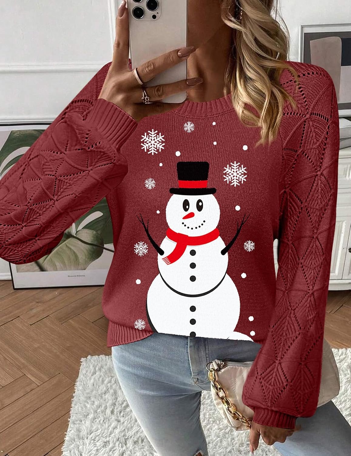 image:imageZeagoo Womens Sweaters 2026 Long Sleeve Crew Neck Lightweight Pullover Knitted Cute Fall Fashion TopsSd Snowman