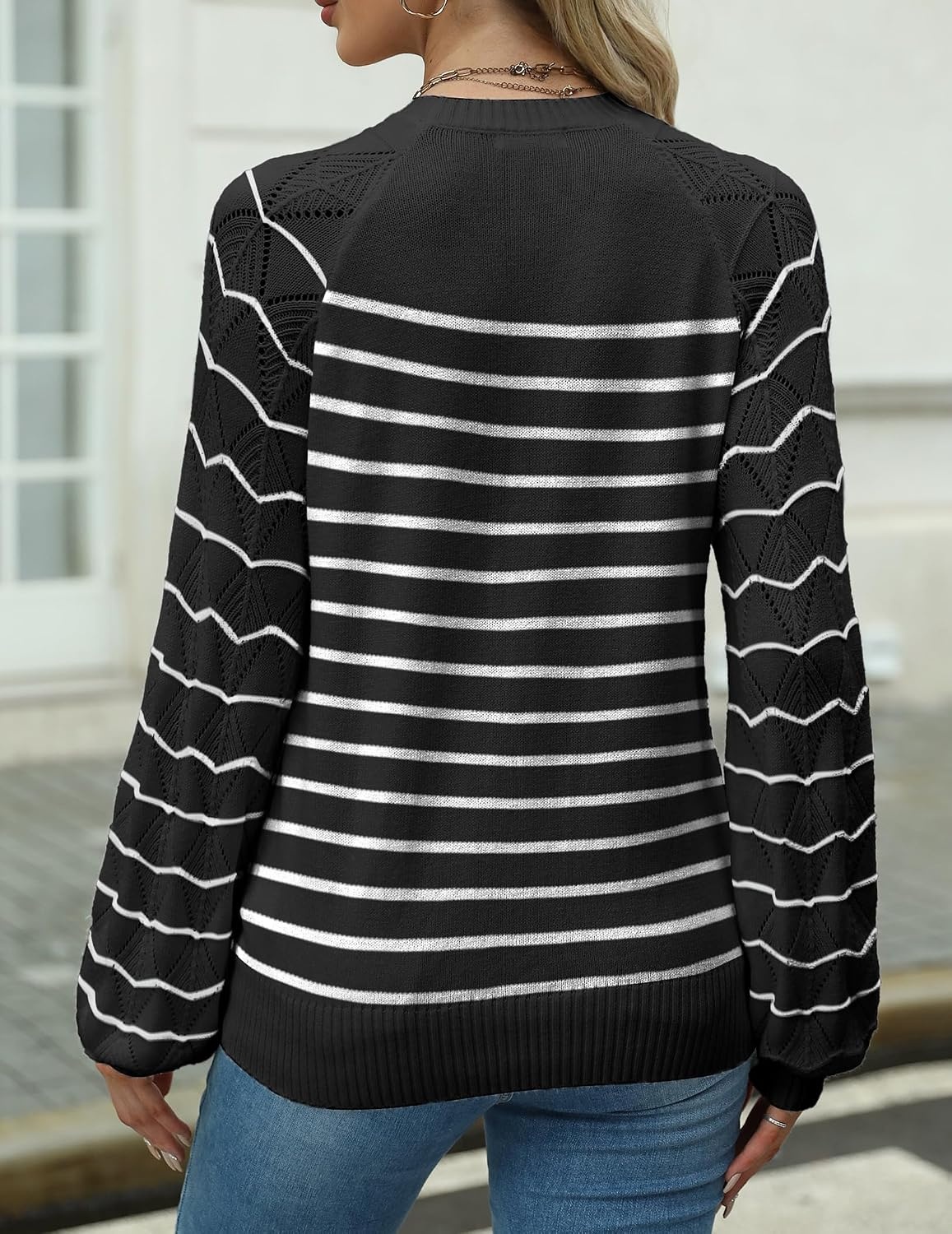 image:imageZeagoo Womens Sweaters 2026 Long Sleeve Crew Neck Lightweight Pullover Knitted Cute Fall Fashion TopsStripe Black