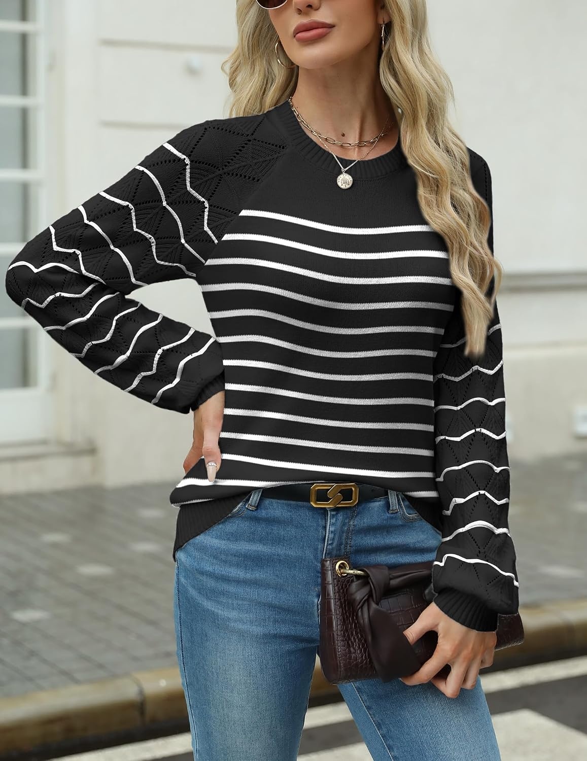 image:imageZeagoo Womens Sweaters 2026 Long Sleeve Crew Neck Lightweight Pullover Knitted Cute Fall Fashion TopsStripe Black