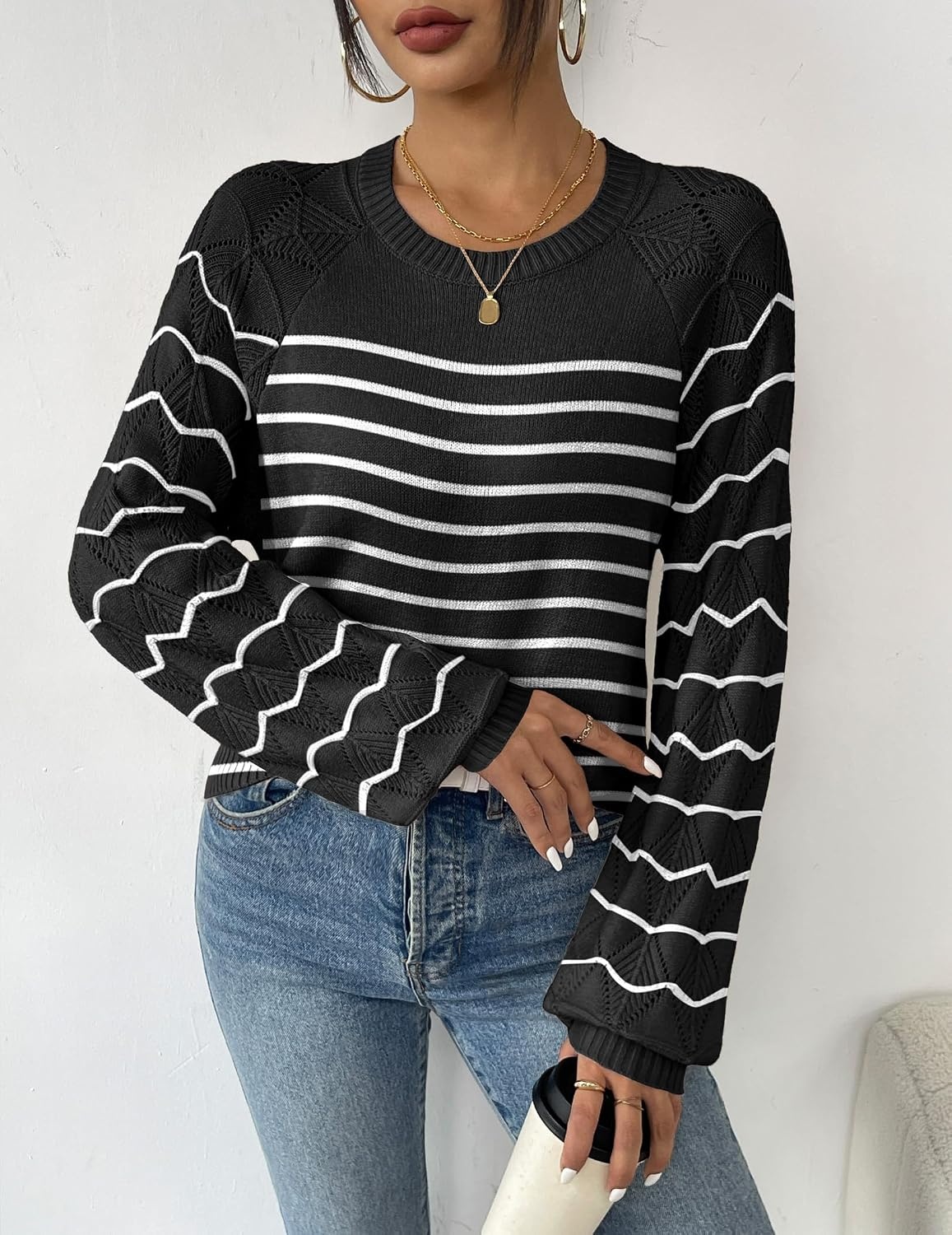 image:imageZeagoo Womens Sweaters 2026 Long Sleeve Crew Neck Lightweight Pullover Knitted Cute Fall Fashion TopsStripe Black