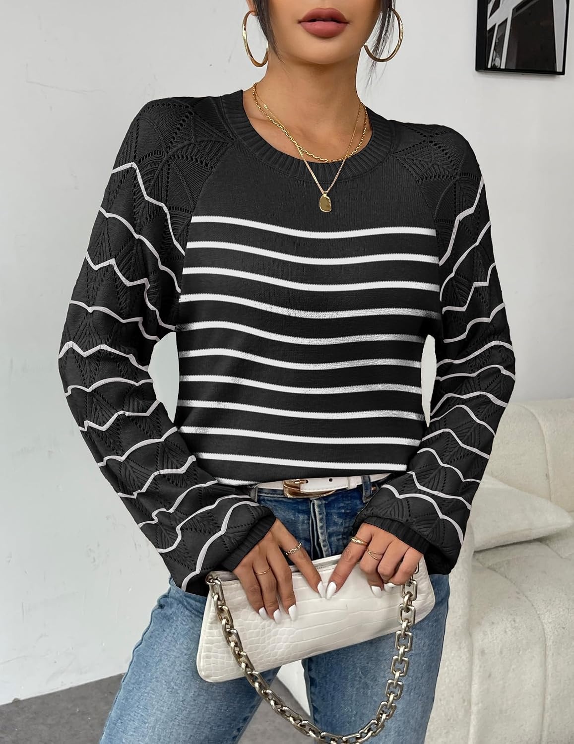 image:imageZeagoo Womens Sweaters 2026 Long Sleeve Crew Neck Lightweight Pullover Knitted Cute Fall Fashion TopsStripe Black