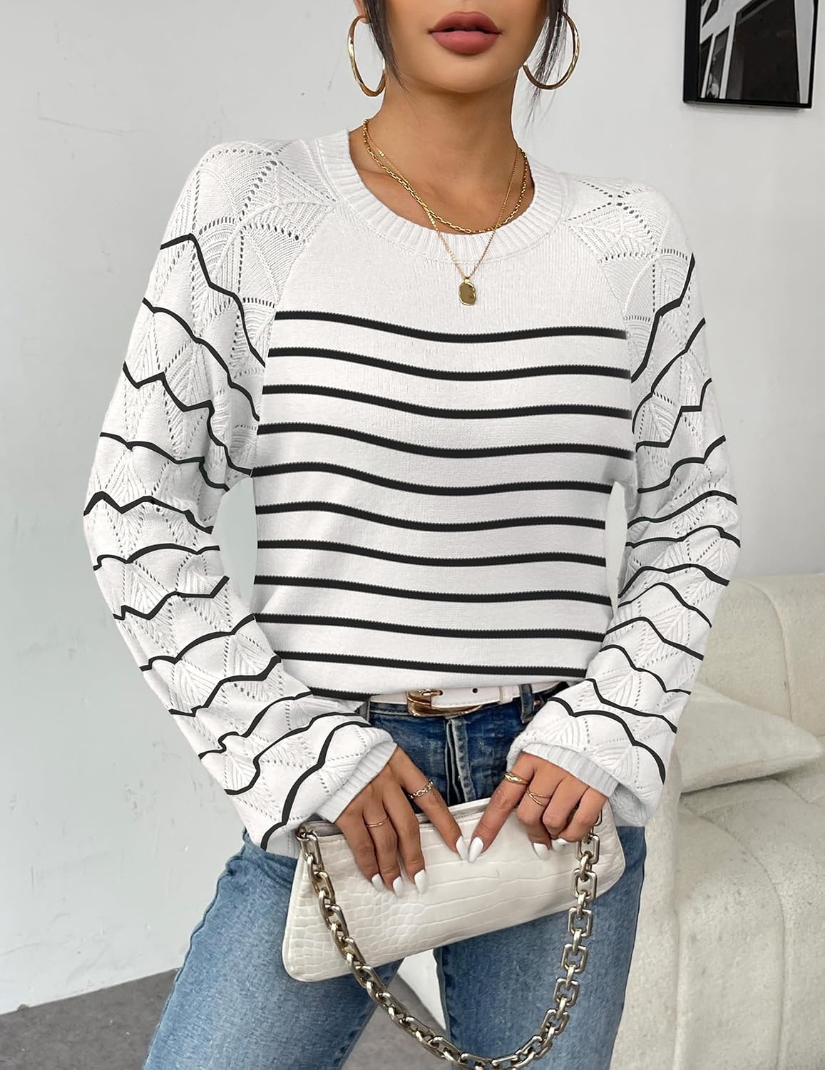 image:imageZeagoo Womens Sweaters 2026 Long Sleeve Crew Neck Lightweight Pullover Knitted Cute Fall Fashion TopsStripe White