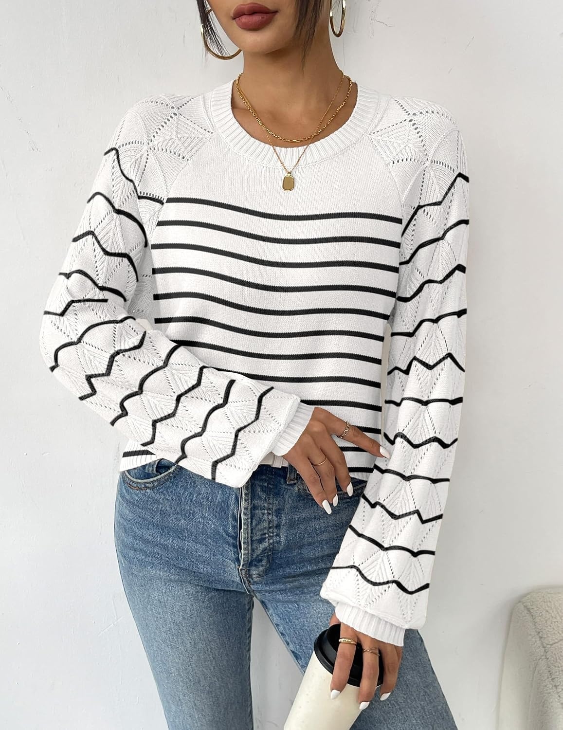 image:imageZeagoo Womens Sweaters 2026 Long Sleeve Crew Neck Lightweight Pullover Knitted Cute Fall Fashion TopsStripe White