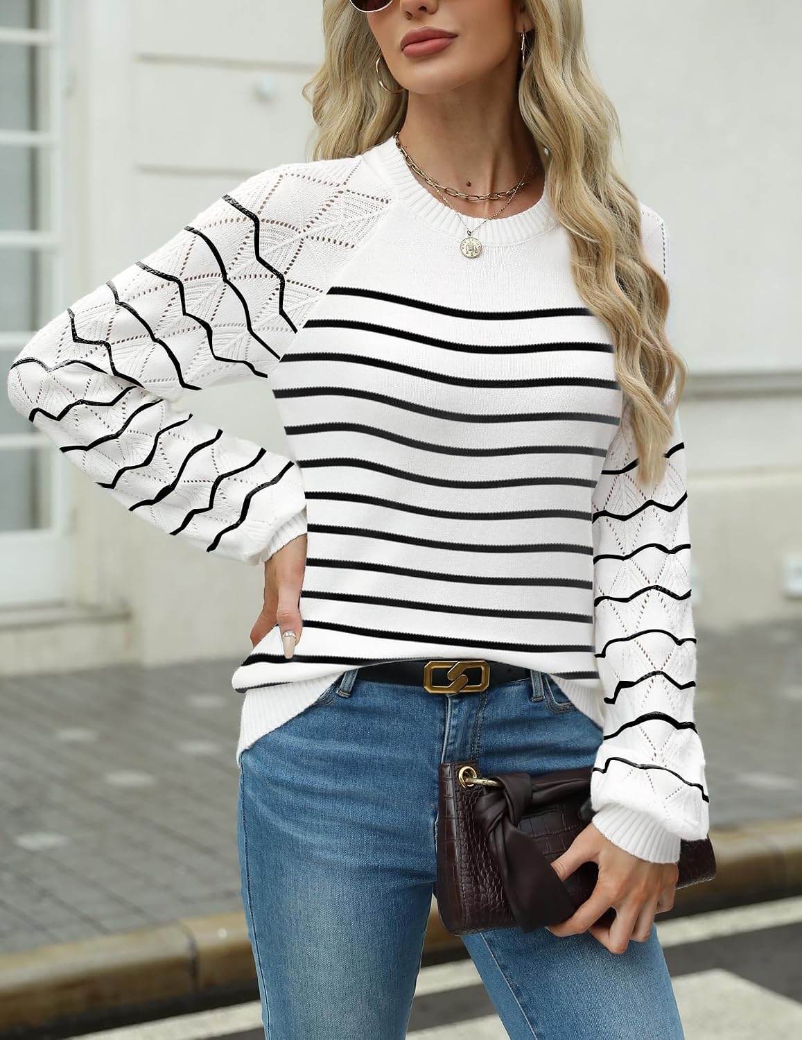 image:imageZeagoo Womens Sweaters 2026 Long Sleeve Crew Neck Lightweight Pullover Knitted Cute Fall Fashion TopsStripe White