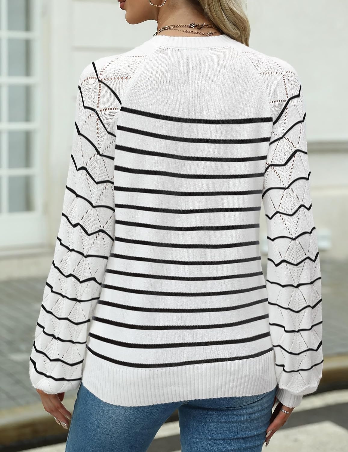 image:imageZeagoo Womens Sweaters 2026 Long Sleeve Crew Neck Lightweight Pullover Knitted Cute Fall Fashion TopsStripe White