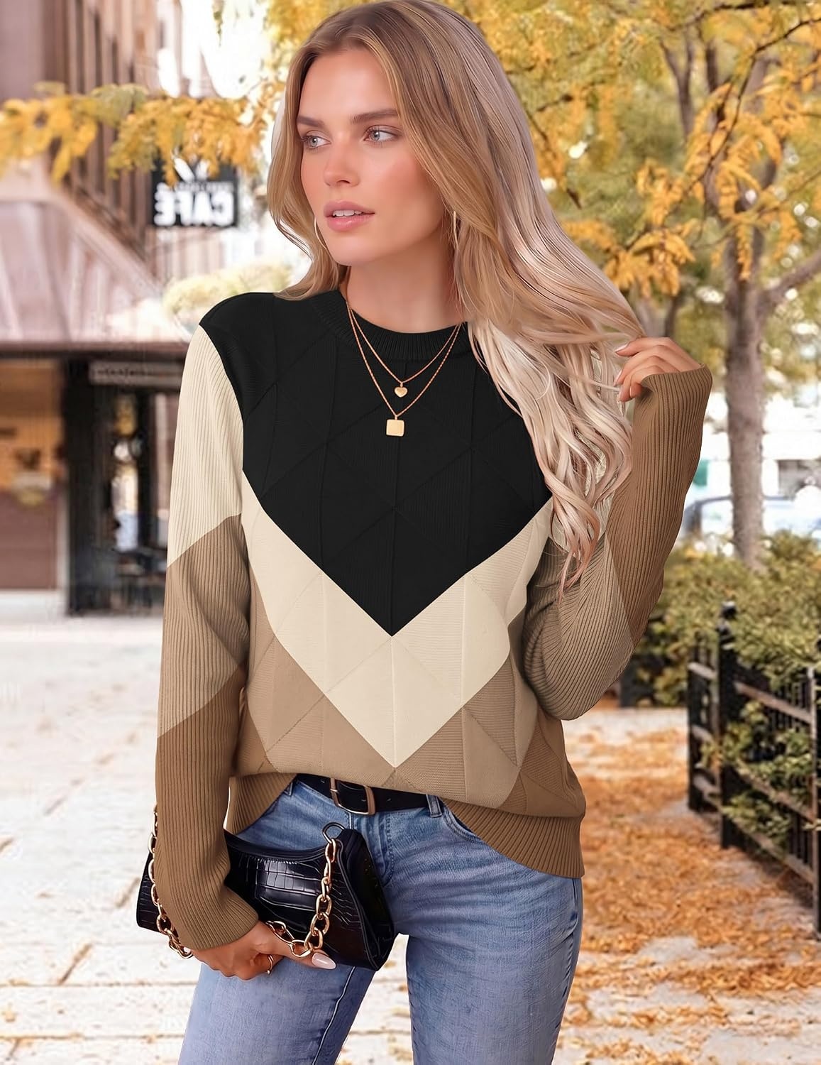 image:imageZeagoo Womens Sweaters Crewneck Long Sleeve Soft Casual Knit Pullover TopsColorblock Brown