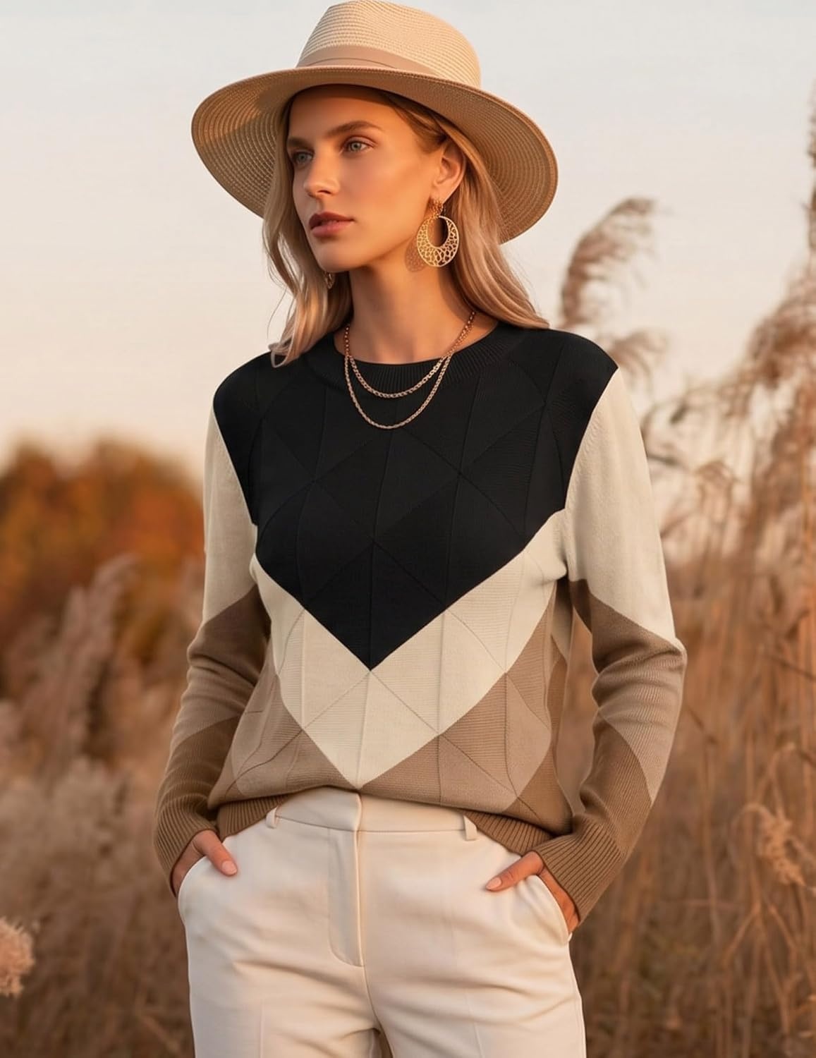 image:imageZeagoo Womens Sweaters Crewneck Long Sleeve Soft Casual Knit Pullover TopsColorblock Brown