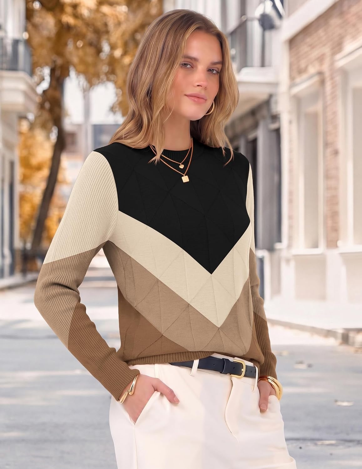 image:imageZeagoo Womens Sweaters Crewneck Long Sleeve Soft Casual Knit Pullover TopsColorblock Brown