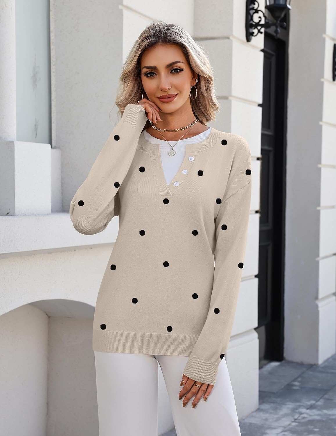 image:imageZeagoo Womens Sweaters Long Sleeve Crew Neck Pullover Tops Dressy OutfitsJh442 Polka Dot